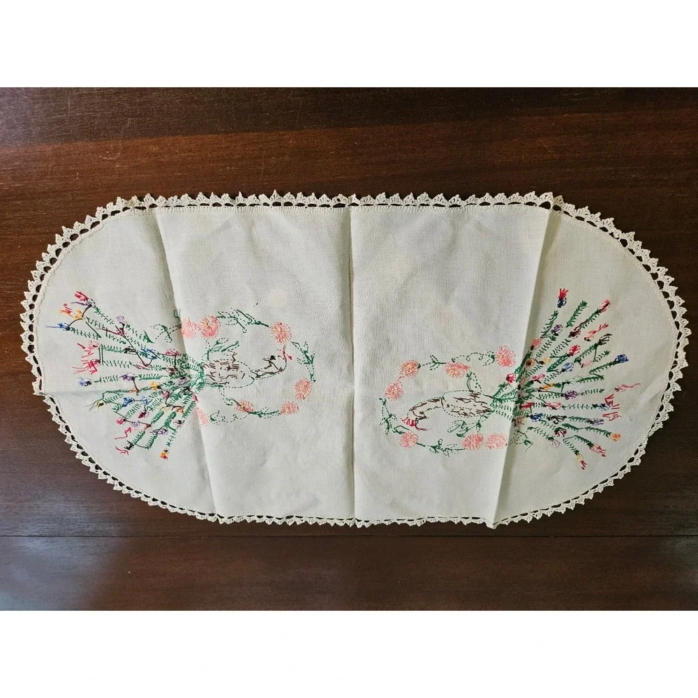 Hand Embroidered Table Runner White Peacock Floral Lace Trim